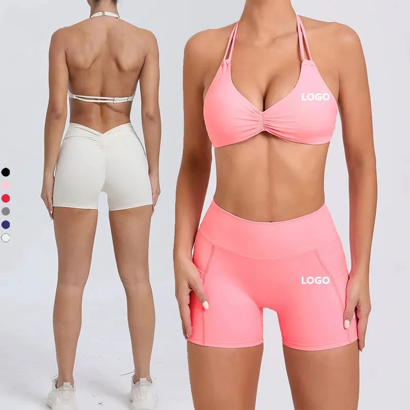 Wholesale Fashion Halter Top Sport Bra Adjustable Strap Gym Scrunch Butt Shorts Yoga Sets