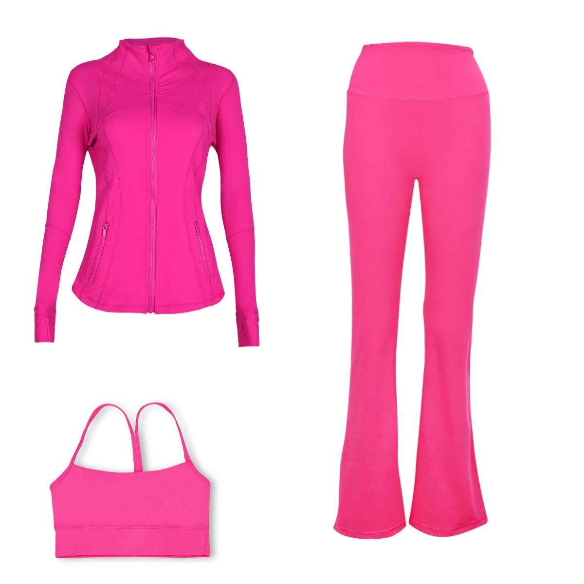 (In Stock) Solid Breathable Full-Length Flared-Leg Bell-bottom Pants Jacket Y-back Bra Three-piece Sports Set for Fitness Yoga
