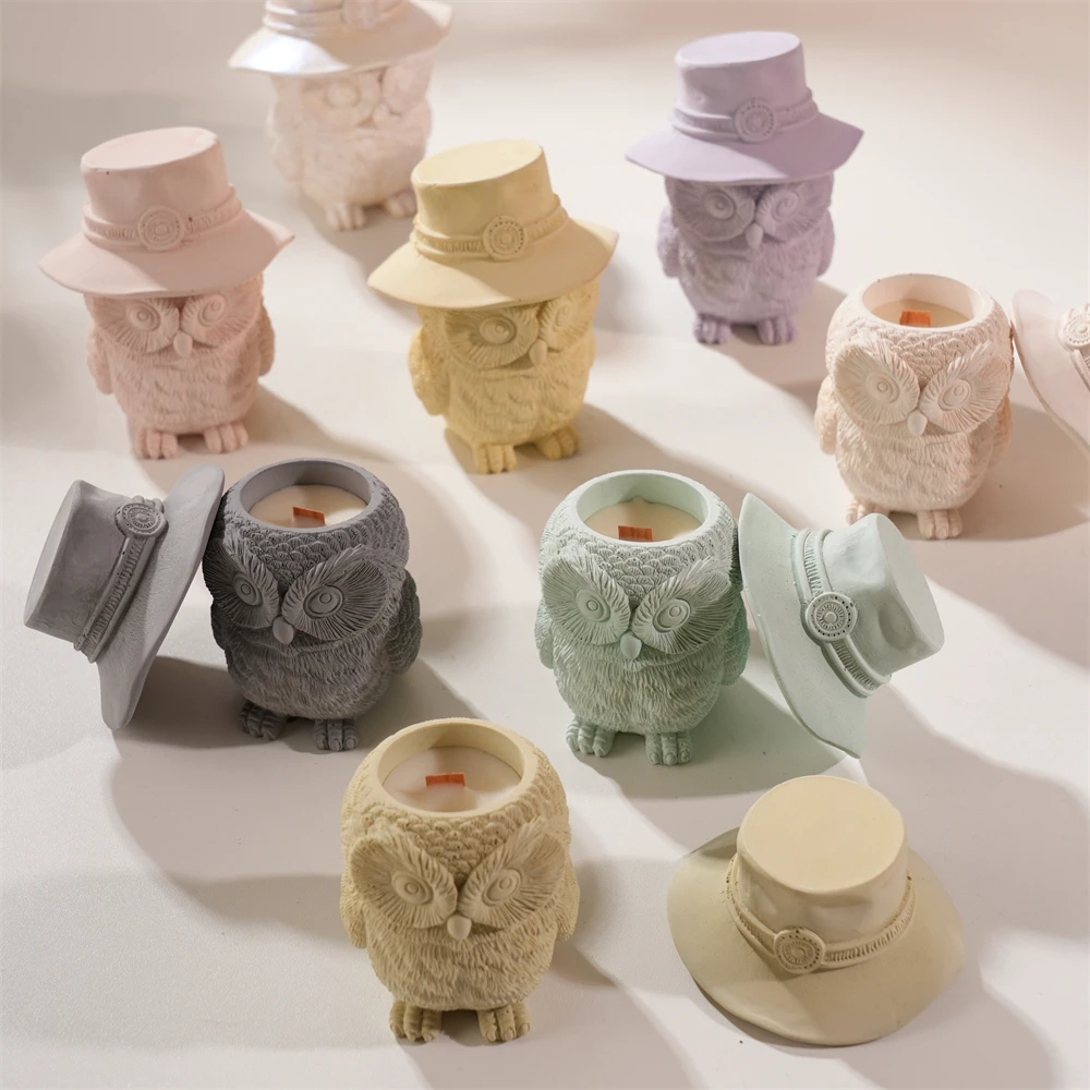 Owl Candle Jar Concrete Silicone Mold Owl Wax Melt Burner Plaster Storage Silicone Mould Owl Candle Holder Mold