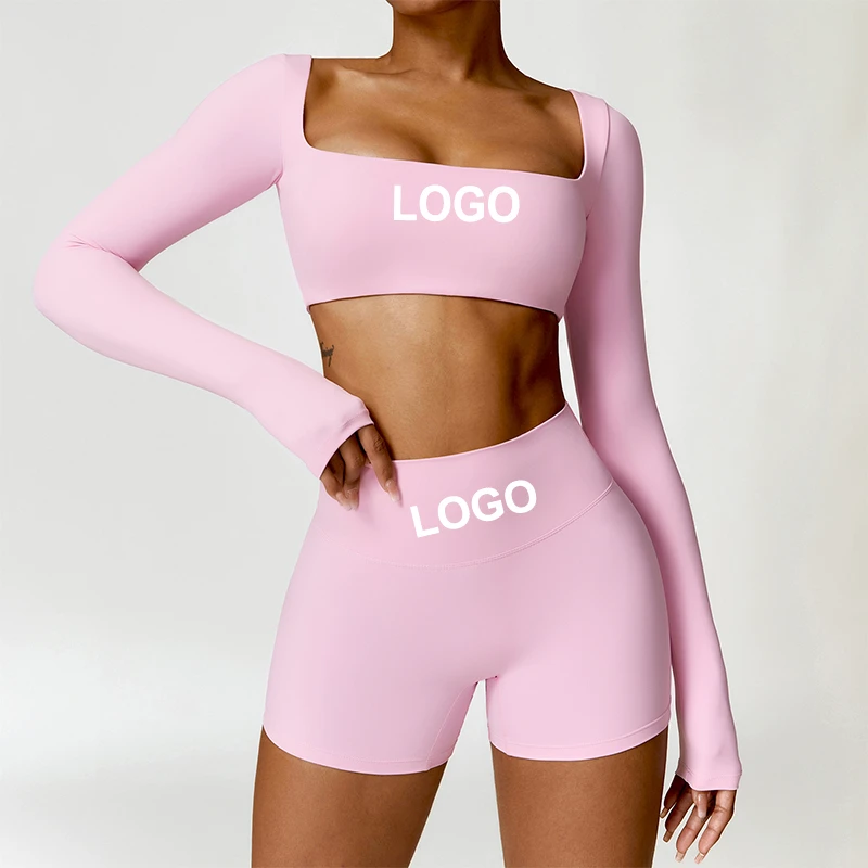 Plain Custom Printing High Waist Speed Dry Women's Long-Sleeved T-Shirt Two Pieces Bra Sets Bra Yoga Workout Shorts