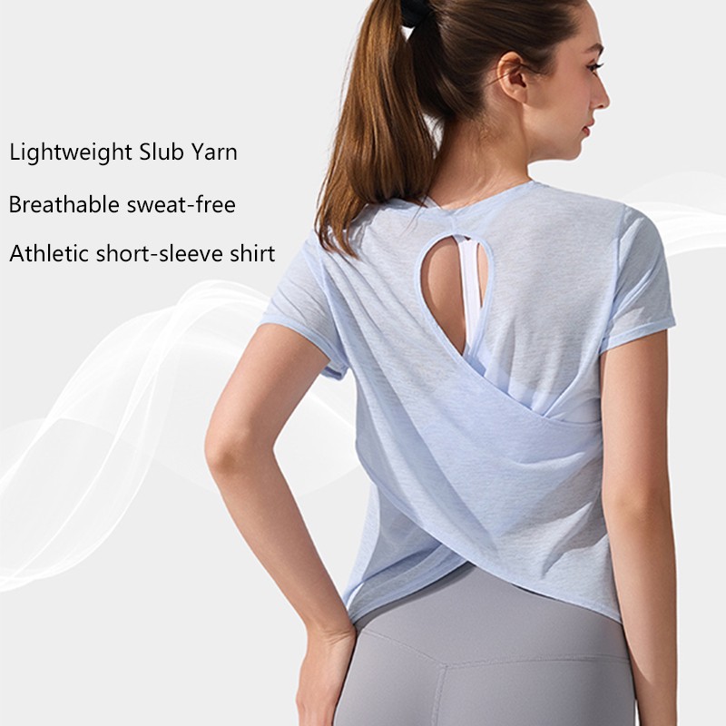 Women Slub Yarn Hollow Twist Back Yoga Top Breathable Lightweight Short Sleeve Sports Cover up for Summer Running Pilates