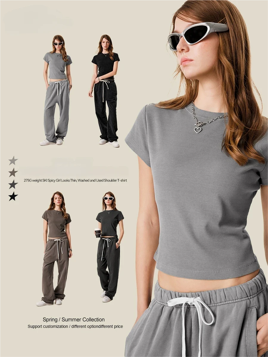 Women's 2025 Summer European-Style Regular-Shoulder Short Sleeve Slimming Round-Neck Cotton & Rayon No-Iron Treatment T-Shirt