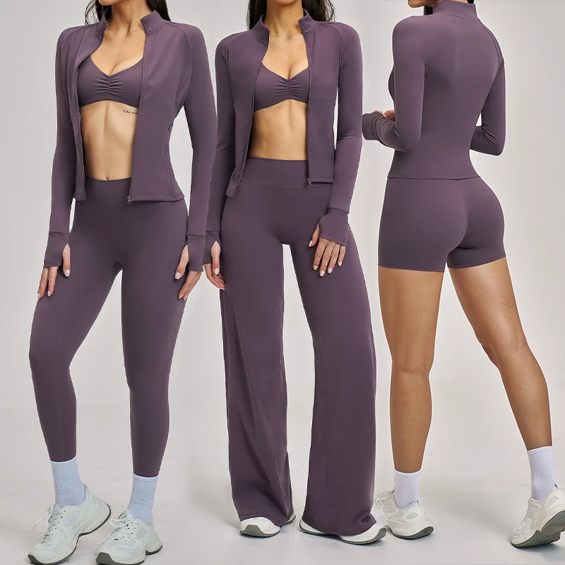 Roregal Solid Color Brushed Tight Yoga Suit Breathable Fitness Zipper Jacket High Waisted Gym Yoga Leggings Set for Women