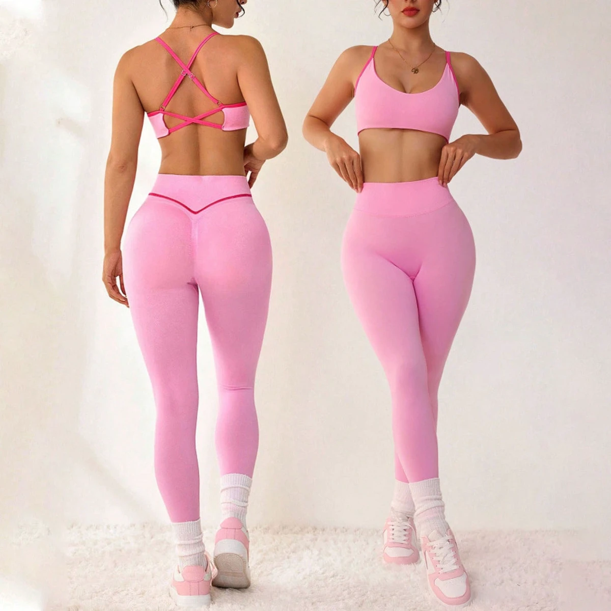Wholesale 2 Piece Yoga Sets Fitness Gym Sportswear Active Women Contrast Stitching Workout Set