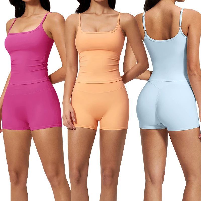 TZ5555-3 Adjustable Spaghetti Strap U-Shaped Back Tank Top High Waist Butt Lifting Shorts Reversible 2 Piece Yoga Workout Set