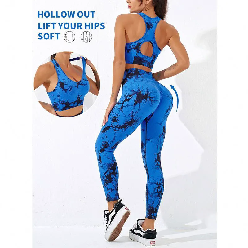 High Quality Tie Dye Hollow Back Push up Bra High Waist Scrunch Butt Lifting Leggings 2 Pcs Set High Elastic Women Yoga Wear