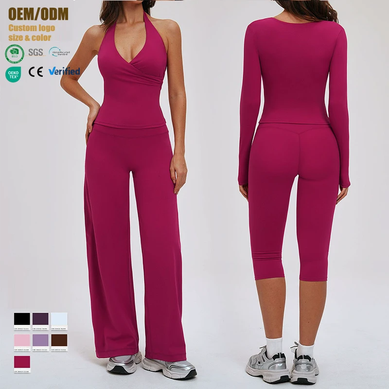 Women's Solid Fitness Gym Leggings Breathable Halter Deep V Neck Yoga Suit Set Long-sleeved Outdoor Sports Elastic Waist Sets