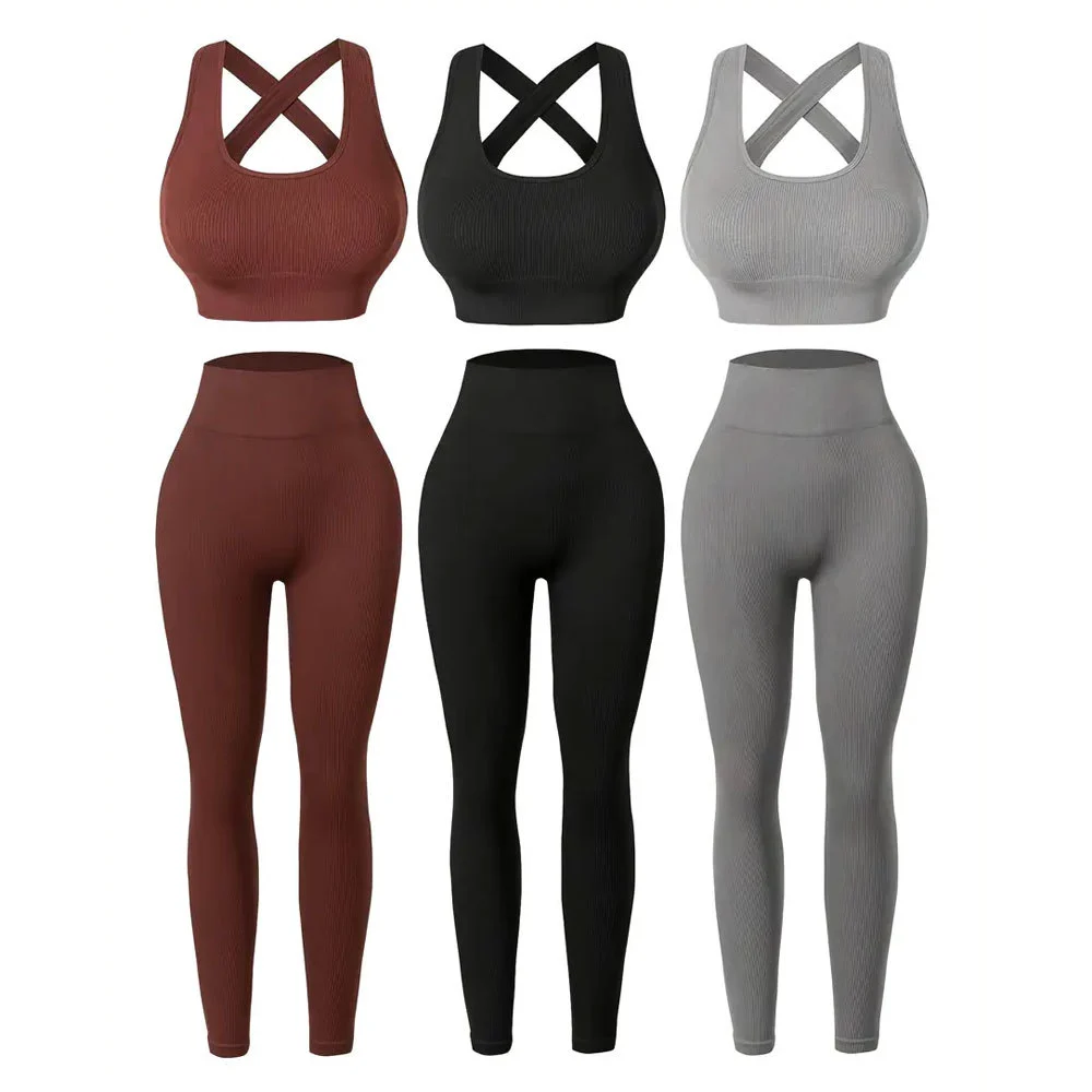 Women 2-Piece Yoga Sports Set Breathable Mid-Waisted Tummy Control Leggings with Matching Sports Vest Reversible Solid Plus Size