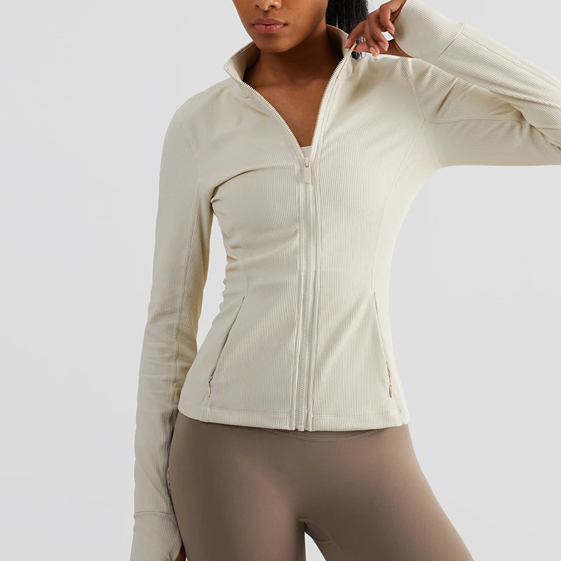 Women's Waist Shrinking Slim Sports Long Sleeve Stand Collar Tight Full Zip With Pocket Fitness Yoga Long Sleeve
