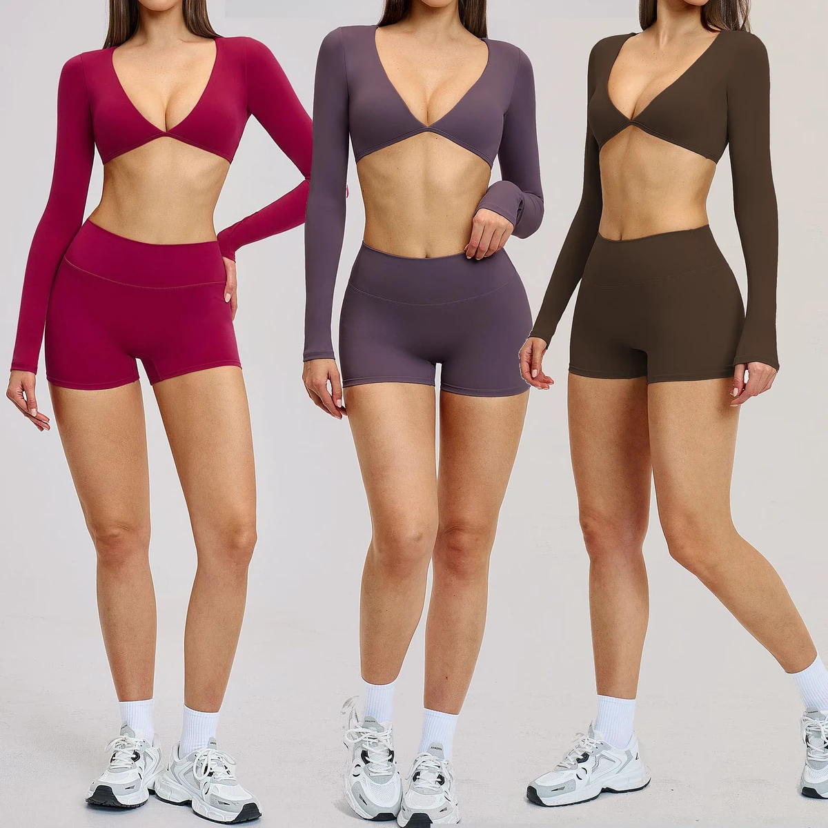 YIYI 2PC Deep V Neck Workout Outfits for Ladies with Pads Quick Dry Women Yoga Set High Waist Tummy Control Woman Sports Bra Set