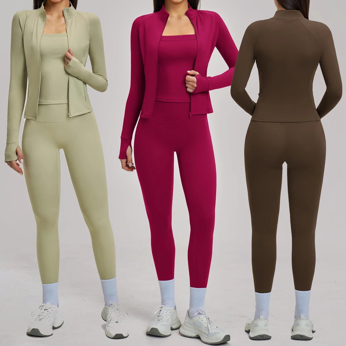 YIYI Wholesale 3pcs Stand Collar Yoga Set Women Long Sleeve Sports Set High Waist Butt Lifting Sets for Women with Thumb Holes