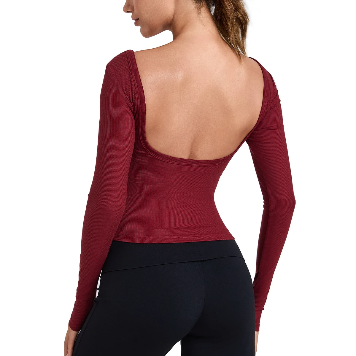 Ribbed Long Sleeves Fixed Cup Sports Gym Fitness Shirt Active Stretch Sexy Backless Pilates Yoga Top for Women