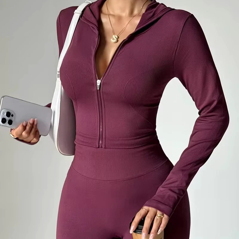 Seamless Look Eco-Friendly Casual Solid Long Sleeve Drawstring Closure Flared Activewear Set | Buttery-Soft High-Stretch Fabric