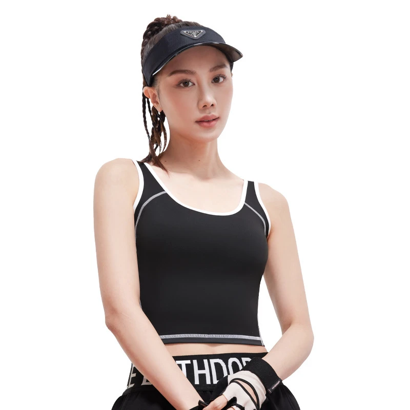 Women's Contrast Trim Sports Quick Dry Fitted Yoga Bra One Piece 3D Perforated Cups Backless Workout Outfit Top
