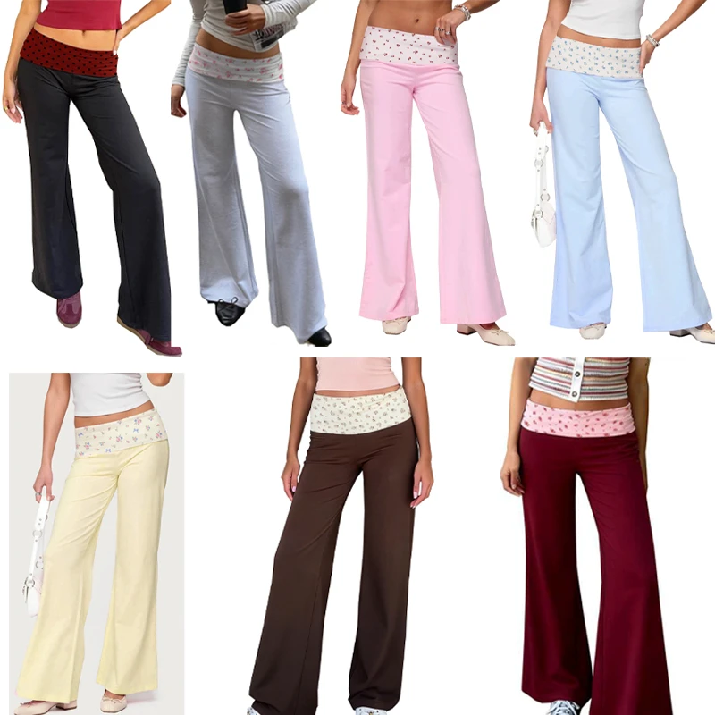Custom Stretch Cotton Pull on Style Flare Leggings Wide Leg Pants Lowrise Foldover Yoga Pants Foldover Leggings Foldover Pants