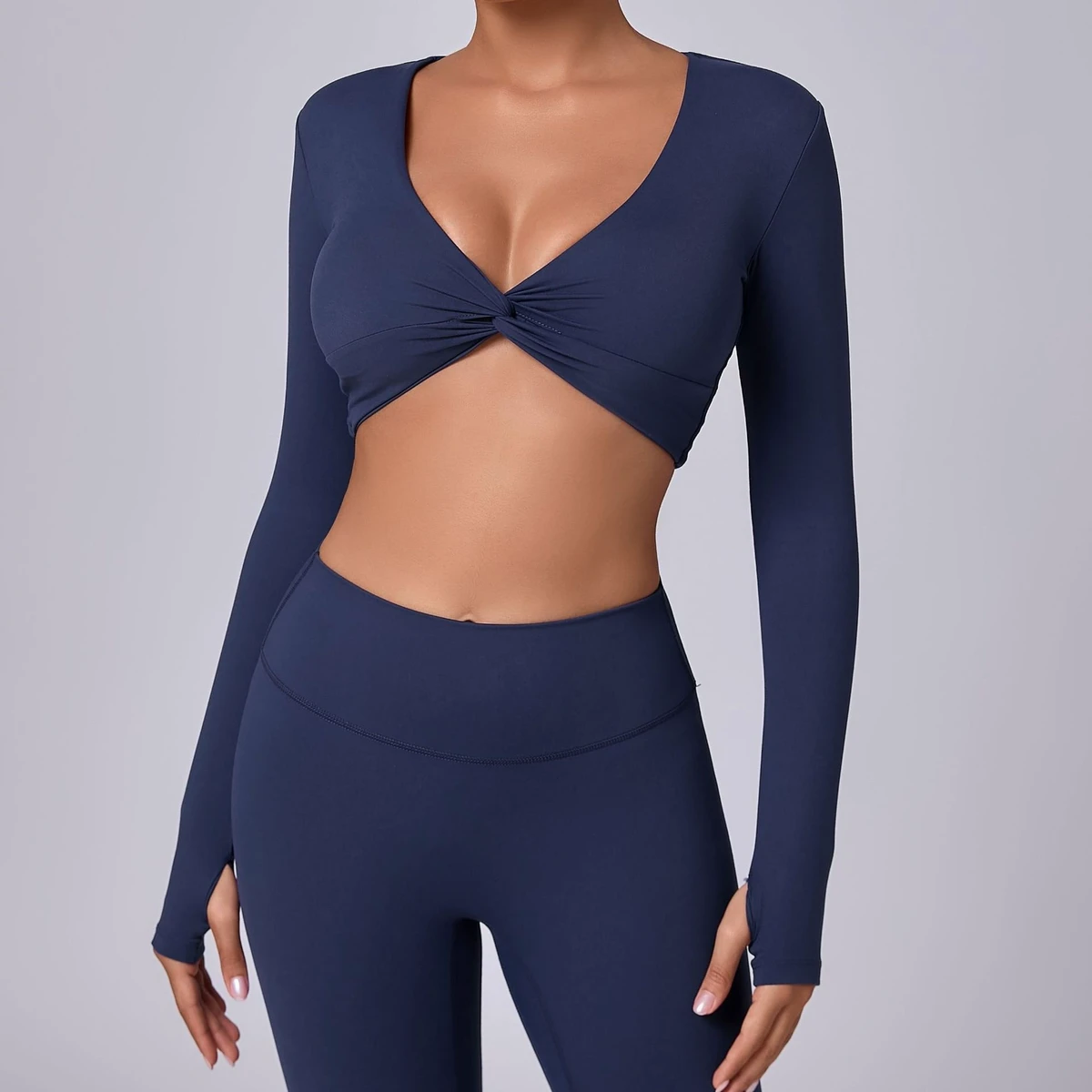 European American Women's Short Yoga Sports Top High Elasticity Quick-Dry Long Sleeve Fitness Running Sexy Sets Finger Holes
