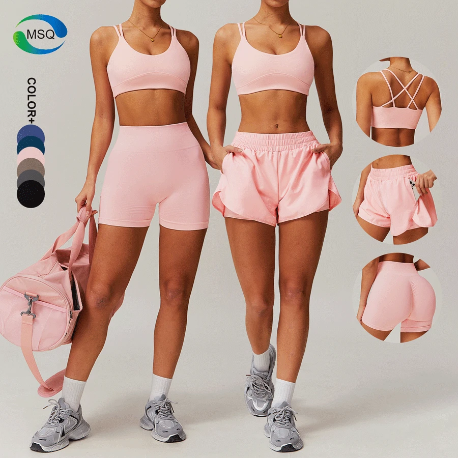 New Women's Active Wear Set Quick Dry Sports Tracksuit High Waist Yoga Loose Shorts Push-up Cross Back Plus Size Seamless Set