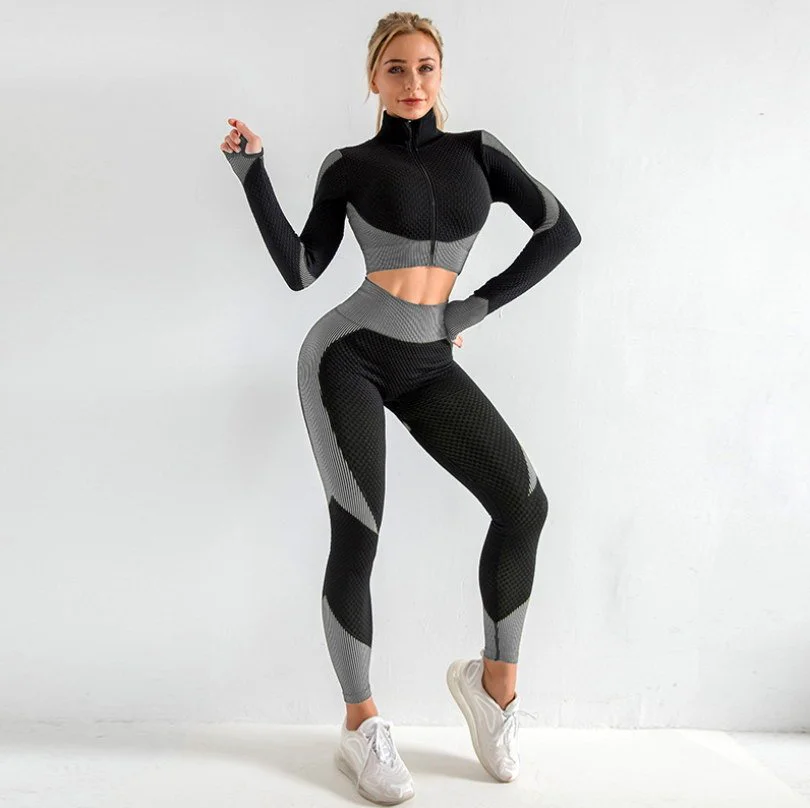 Lanyu Factory Seamless Yoga Set 2 Pieces Gym Workout Athletic Sports Outfit High Waist Leggings Zipper Long Plus Size Breathable