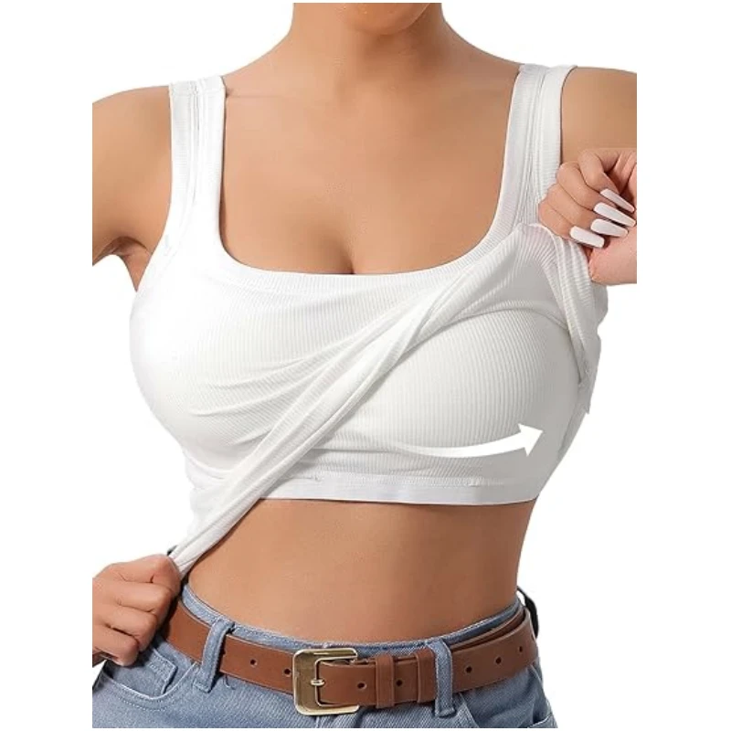 Summer Built In Bra Top Custom Embroidery Polyester Spandex U Neck Gym Ribbed Tank Top For Women
