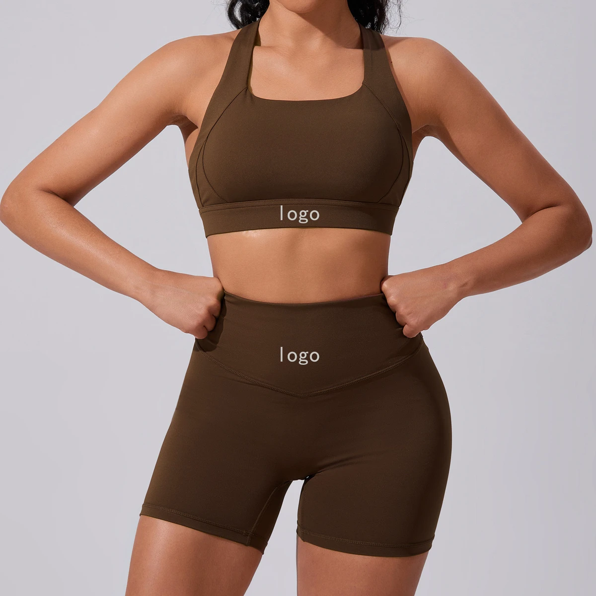 Nude Yoga Set High Elastic Sports Bra & Shorts Breathable Clothing with Customizable Logo Wholesale Eco-Friendly Closure