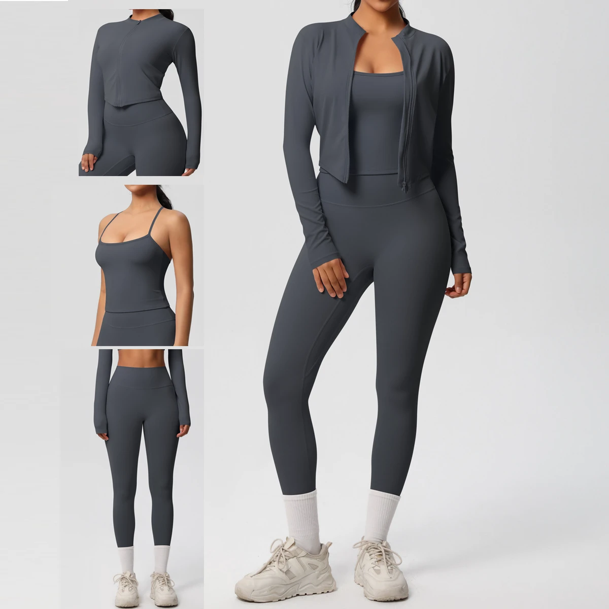 Women's Three-Piece Yoga Set Breathable Cross-Border Fitness Sportswear Elastic Waist Brushed Nude Yoga Bra Leggings Coats Solid