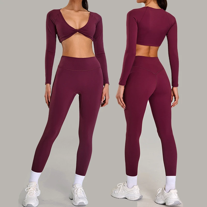 Women's Gym Sports Suit 2-Piece Breathable Quick-Drying Twist Long Sleeve Top High Waist Yoga Leggings Jogging Wear Sportswear