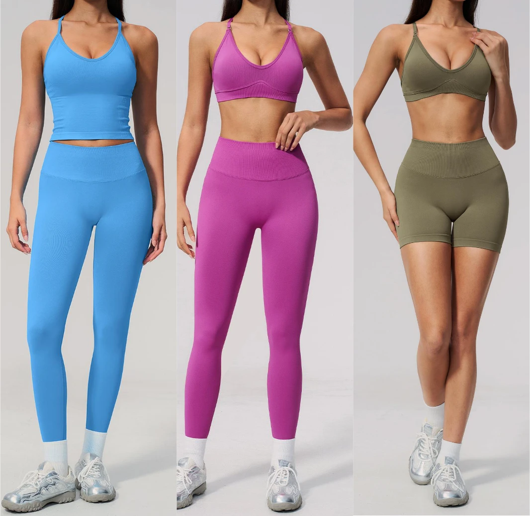 4pcs Set Custom Logo Sports Tight Fitting Tops Seamless Yoga Active Wear Breathable Shorts Leggings Gym Fitness Sets For Women