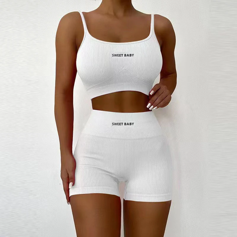 Women's Summer Seamless Breathable Ribbed Gym Fitness 2 Piece Set for Training Yoga Set