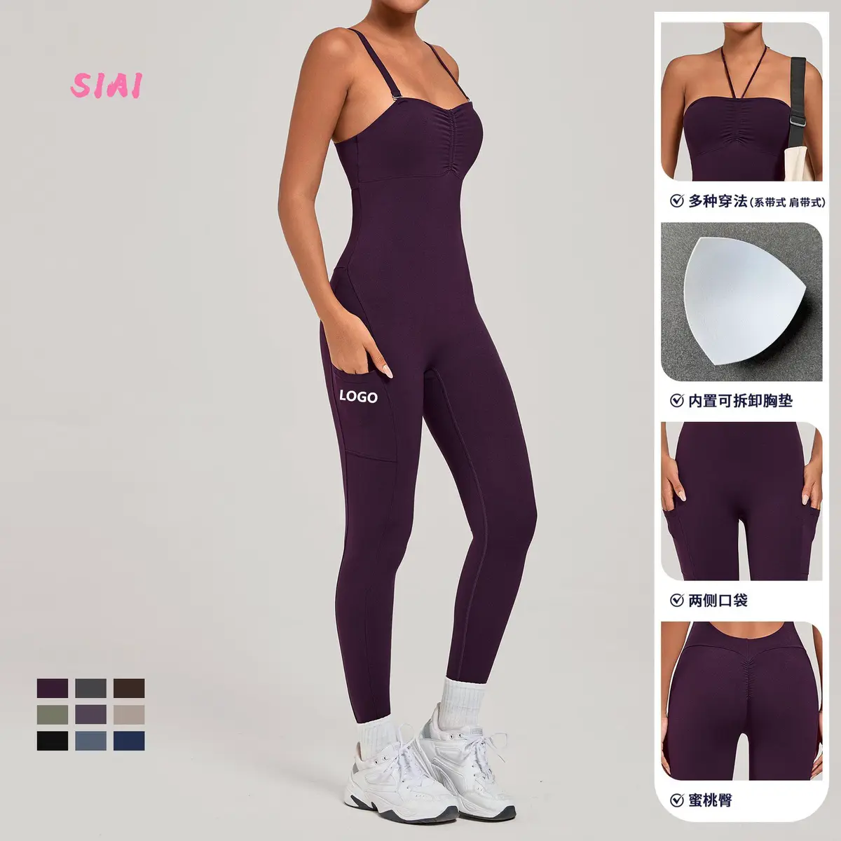 Women's Four-Way Stretch Breathable Off-the-Shoulder Athletic Yoga One-Piece Sport Bodysuit Pockets Scrunch Butt Gym Wear Tummy