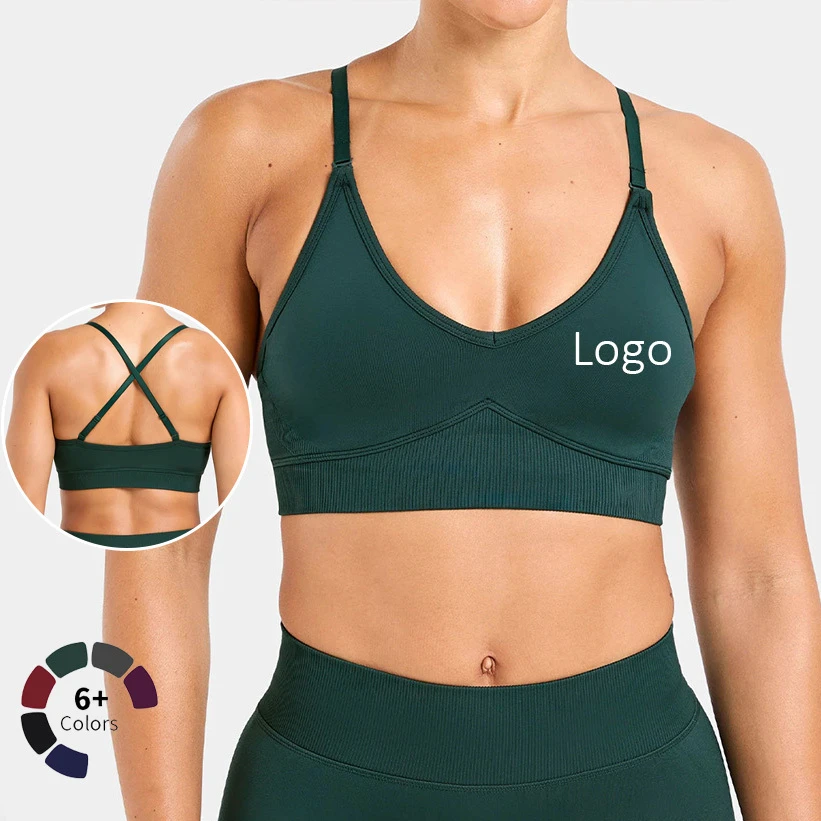 Custom Front Back Seamless Breathable High Support Deep V-neck Sports Bra Backless Elastic Hem Push-up Removable Chest Pad Plus