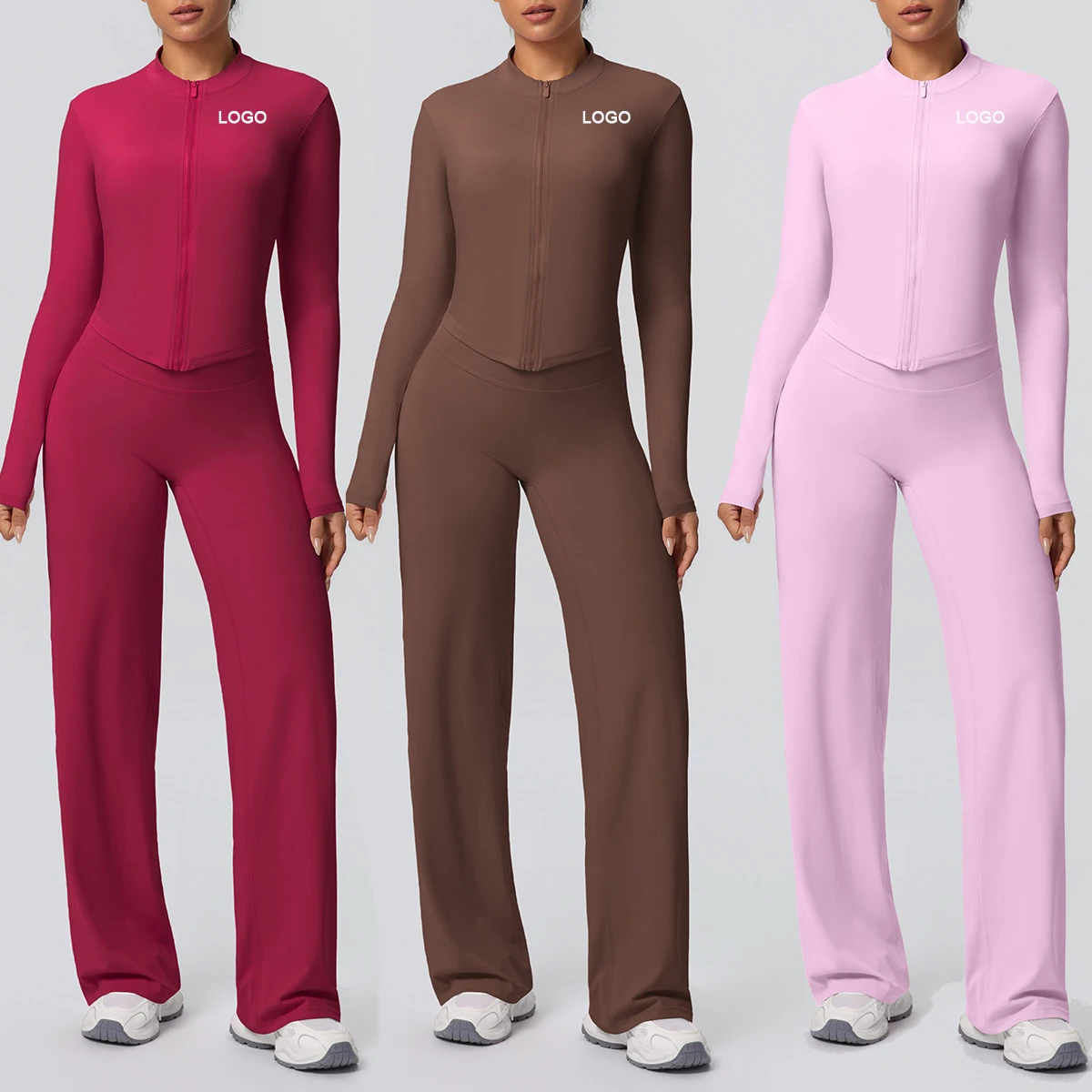 Custom Women's Solid Yoga Fitness 2-Piece Set Breathable Spandex/Nylon Zipper Jacket Pants Wrinkle-Resistant Activewear Outdoor