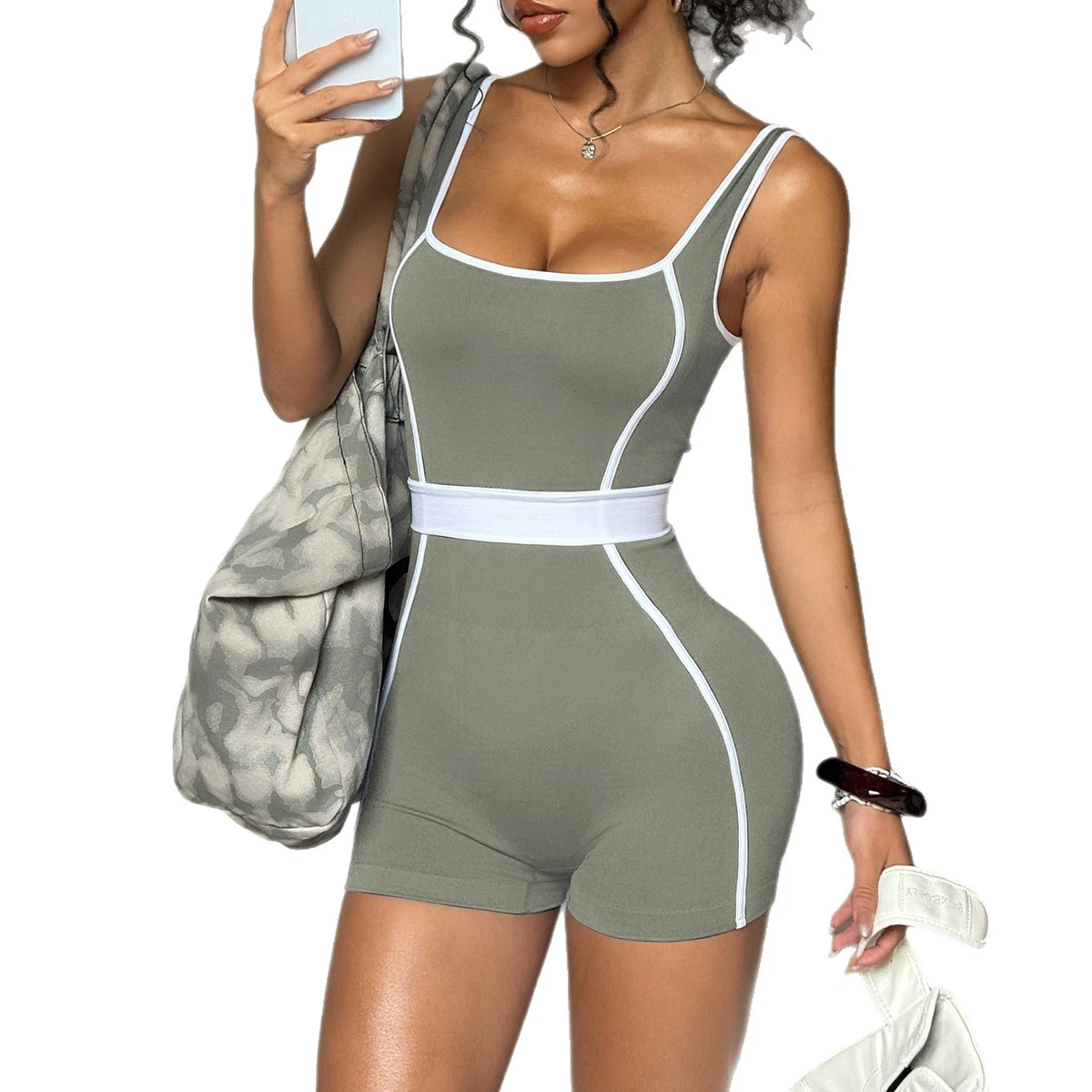 Women's Built-in Bra Color Block Yoga Jumpsuit - Tight-Fitting Shorts Romper For Outdoor Sports