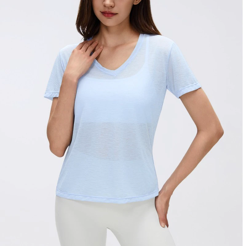 Women Summer V-neck Solid Lightweight Semi-transparent Tshirt Short Sleeve Breathable Quick Dry Sport Fitness Yoga Running Shirt