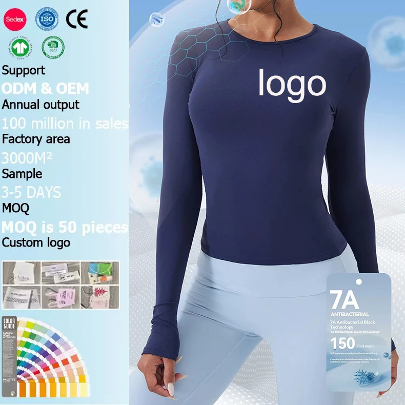 Custom Women Top Long Sleeve Round Neck Slim Fit Thumbhole 7A Antibacterial Active Wear Gym Clothes Fitness Sports Yoga Apparel