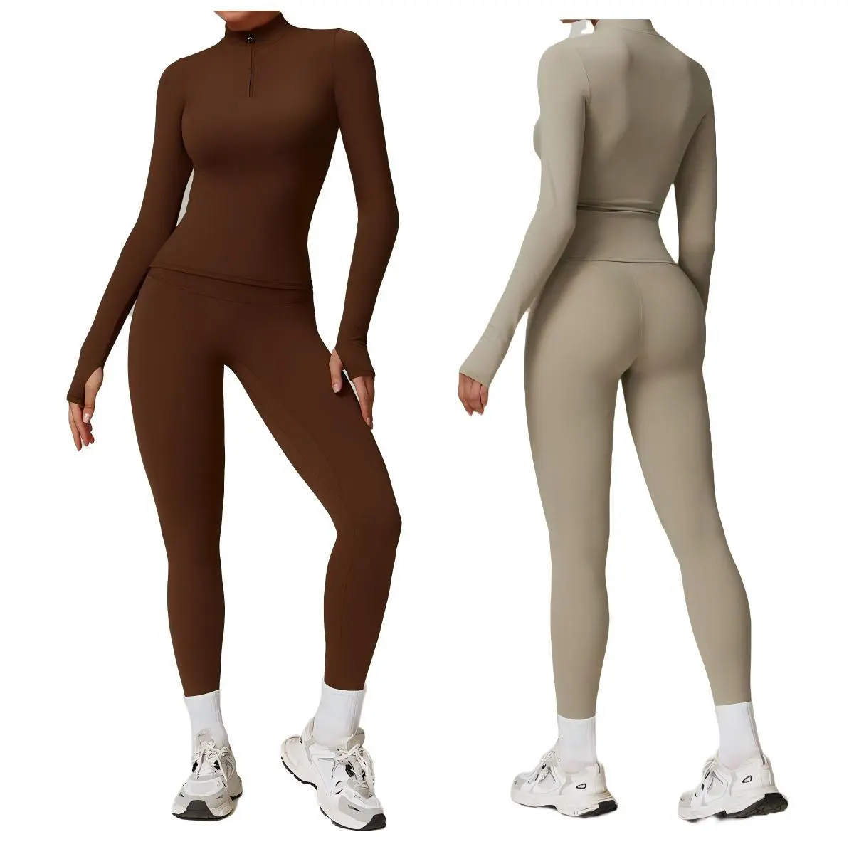 Autumn and Winter Quick Dry Long Sleeves Yoga Suit Training Set Outdoor Running Half Zip Long Sleeved Top and Leggings Set