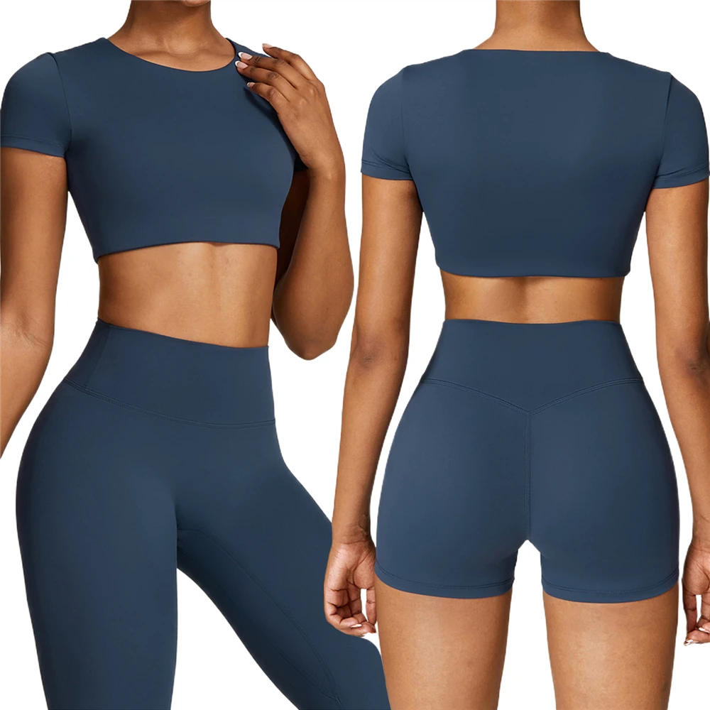Double-sided Furry With Chest Pad Tight Short-sleeved Yoga Suit Pilates Running Sports T-shirt Top for Women