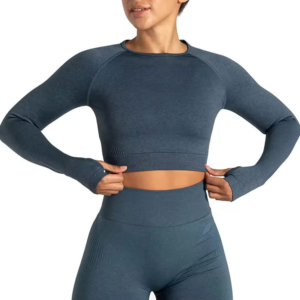 Women's Yoga Tops Gym Fitness Wear High Quality Soft Breathable Lightweight Spandex/Nylon O-Neck Long Sleeve Slim Fit Front