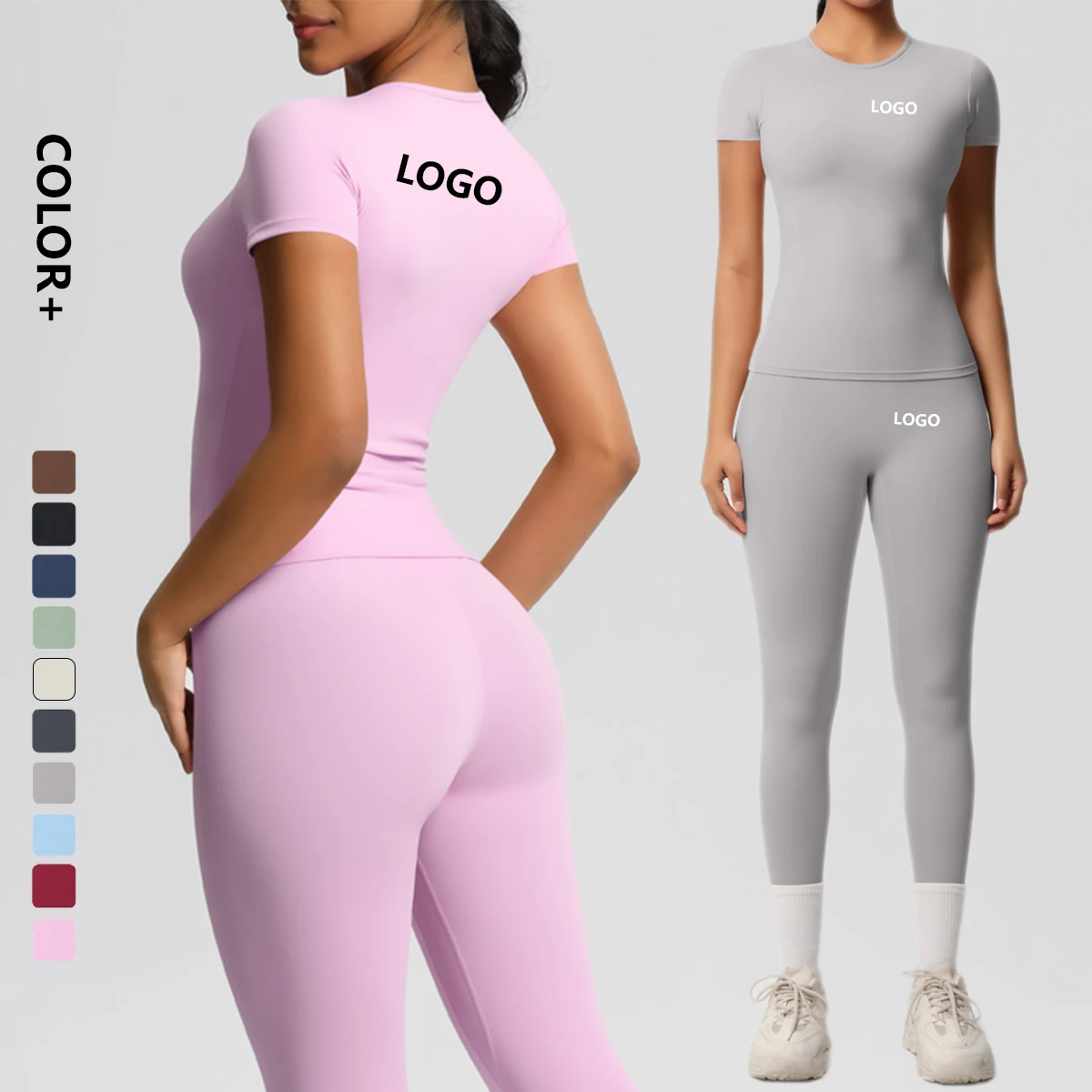 2 Piece Short Sleeve Training T-Shirts And Yoga Pants Set Activewear Women Nylon Outdoor Fitness Workout Yoga Sports Wear Set