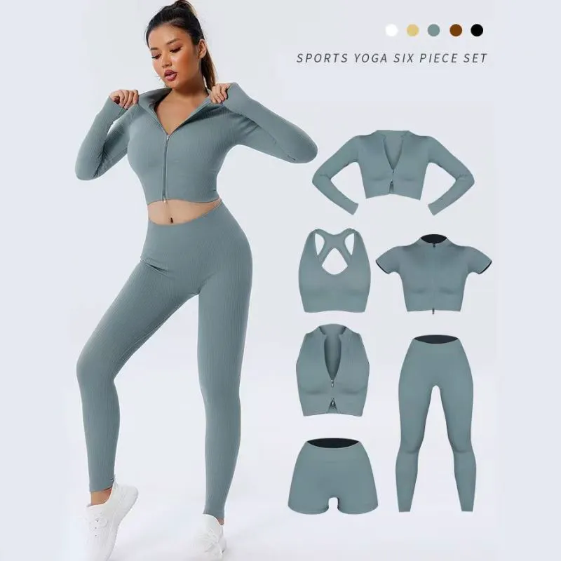 Custom Logo Women Sport Workout Clothing Ladies Gym Fitness Activewear Set High Waisted Pants 6 Piece Set Seamless Yoga Set