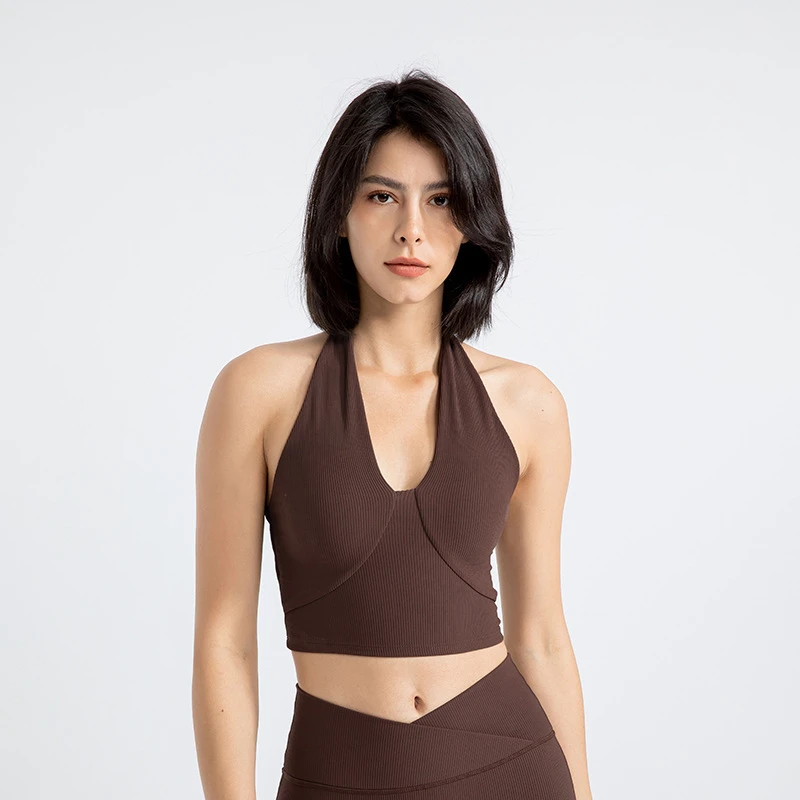Wholesale Women's Ribbed Halter V-Neck Yoga Tank Top Backless Padded Workout Crop Top Slim Fit Activewear Breathable Yoga Top