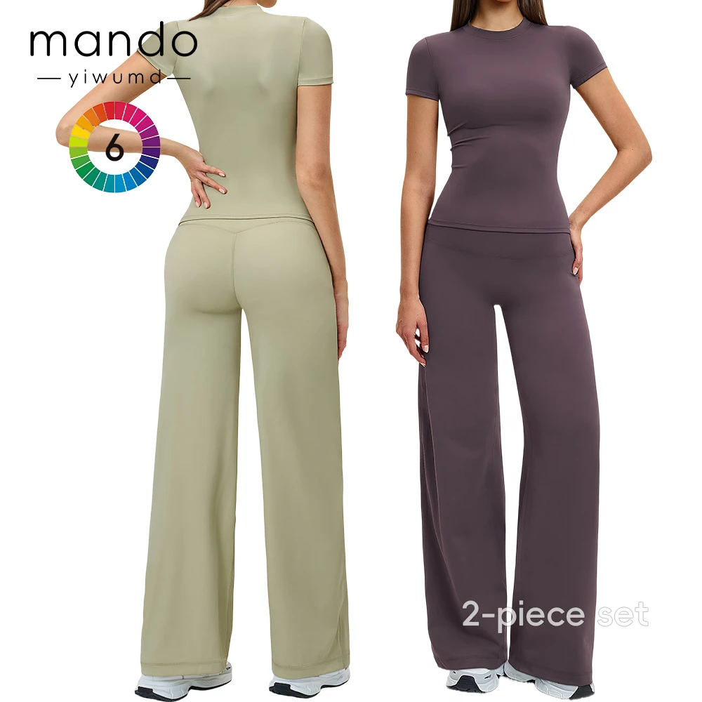 2 Piece Yoga Set Crew Neck Short Sleeve T-Shirt & High Waist Wide Leg Leggings Gym Outfit Set for Women