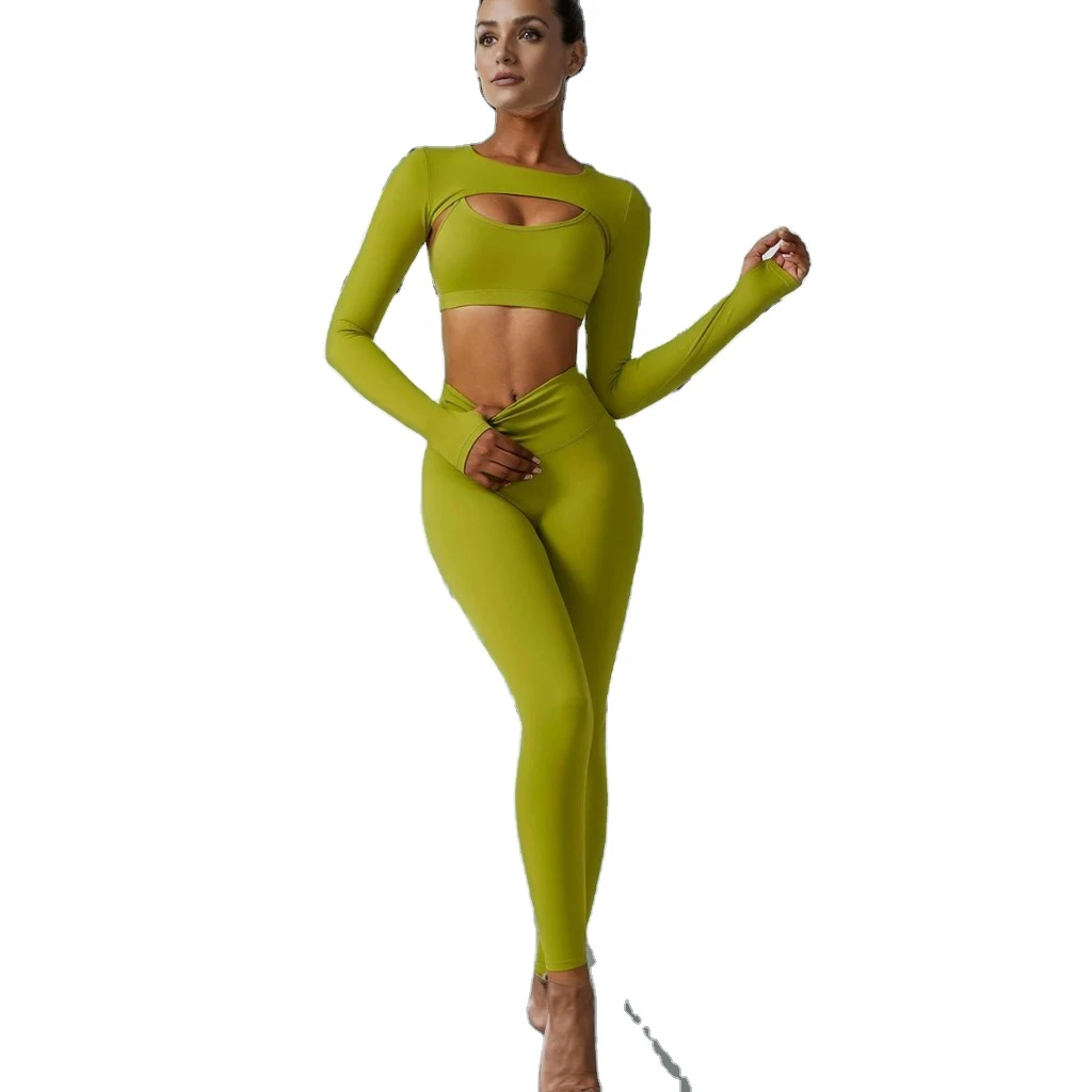 Three-Piece Slimming Fitness Clothes Set Naked Sensation Speed Drying Yoga Tops Solid Pattern Workout Fashion Elastic Four-Way