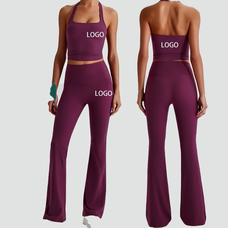 High-end Brushed Solid Yoga Set Halter Neck tank Top Breathable Spandex/Nylon Sports Wear for Women Running Workout Set 6950