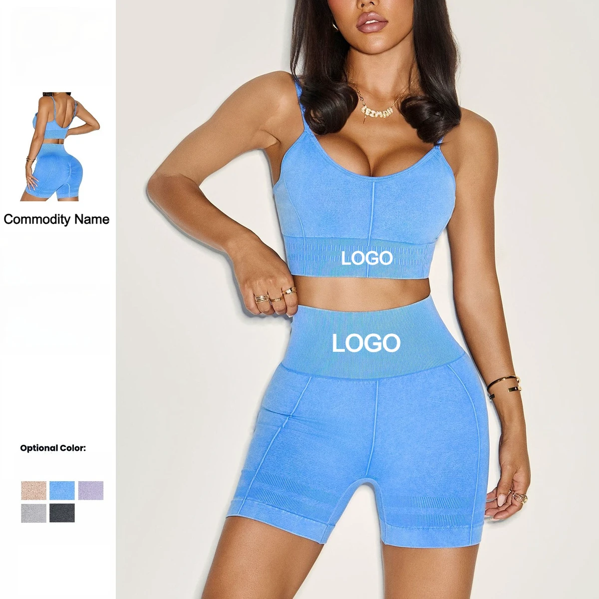 Custom LOGO Washed Seamless Yoga Set Adjustable Strap Sports Bra & High Waist Butt Lifting Shorts