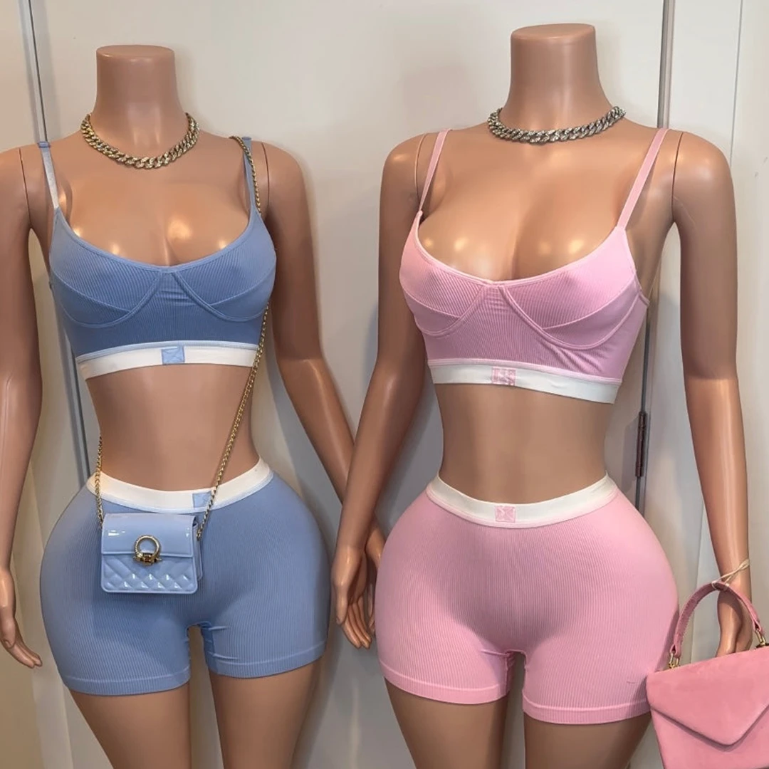 Huili Manufacturer 2025 Custom Logo Sports Bra & Shorts Two Piece Pajama Cotton Gym Yoga Workout Set Ribbed Loungewear for Women