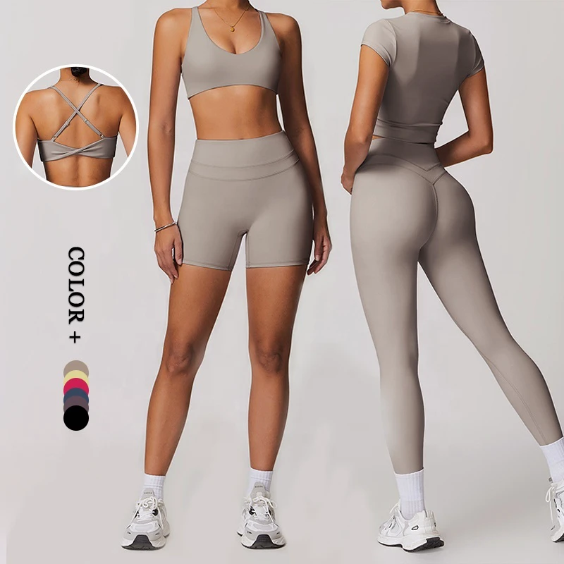 High-Strech Gymwear Yoga Breathable Cross Design Detachable Padded High Support Yoga Bra T-Shirt Set Breathable Leggings Shorts