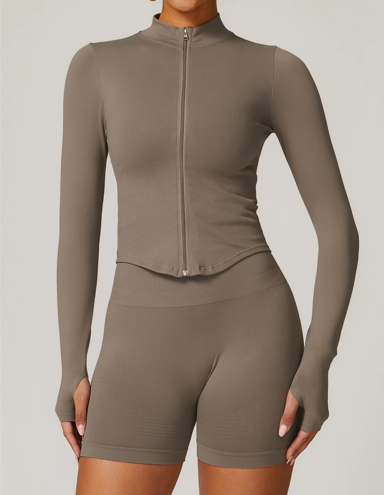 Stand Collar Custom Logo Long Sleeve Sexy Zip up Seamless Gym Workout Women Yoga Sports Top With Finger Holes