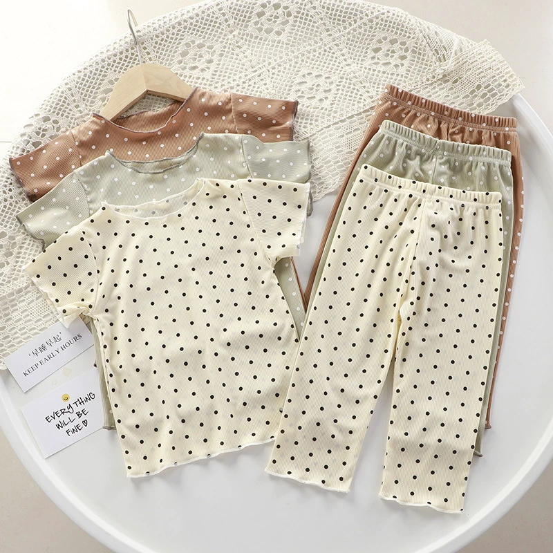 Girls Polka Dot Ribbed Short Sleeve T Shirt And Long Pants Two Piece Summer Outfit Set For Home And Outdoor Wear