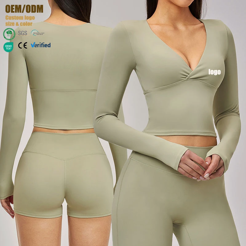 Women's Spring V-neck Summer Yoga Pilates Long-sleeved Sweat-Wicking Tight-fitting Sports Yoga Gym Fitness Top With Chest Pad