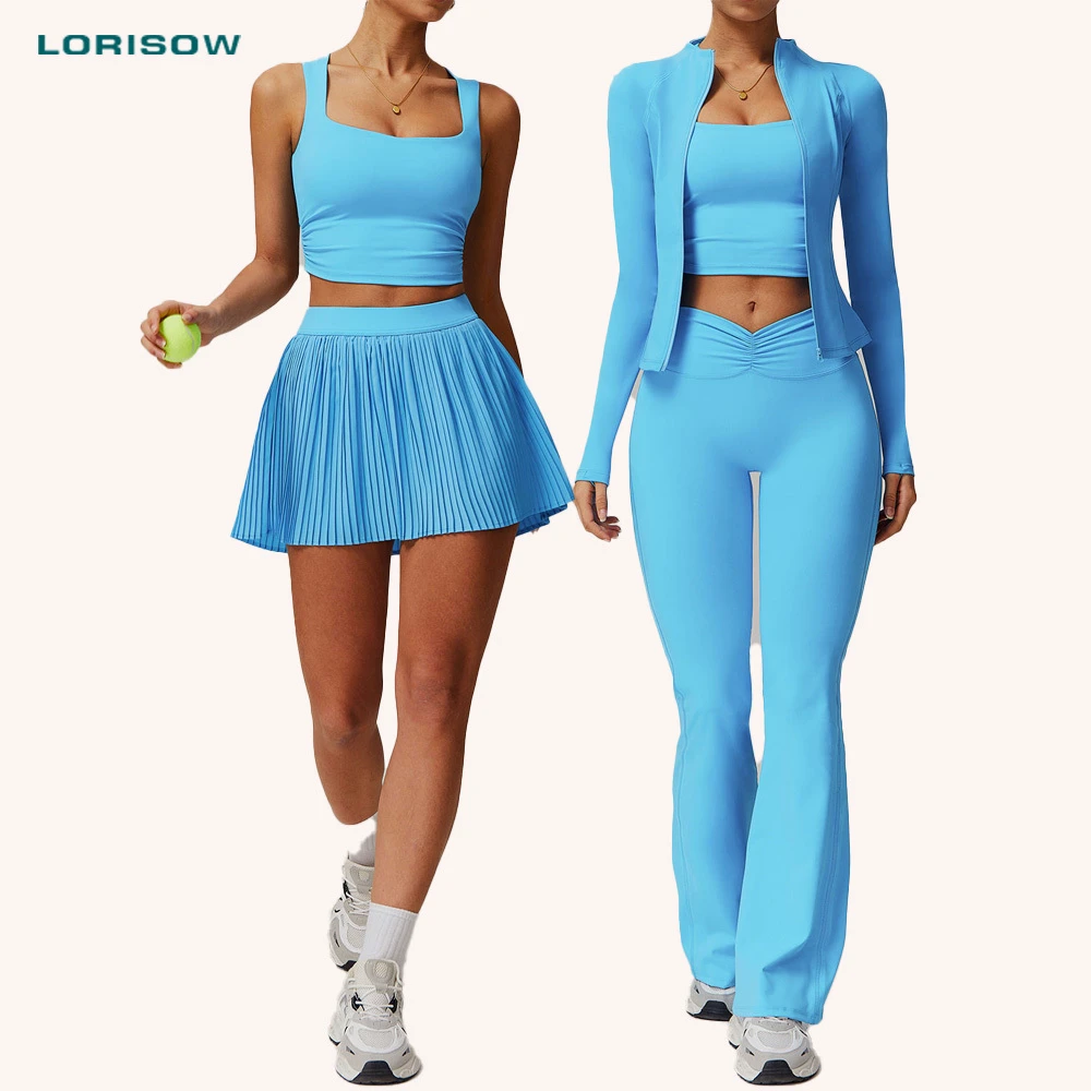 Women Workout Sets 6 Pieces Yoga Outfits Long Sleeve Zipper Jacket High Waist Leggings Butt Lifting Gym Set